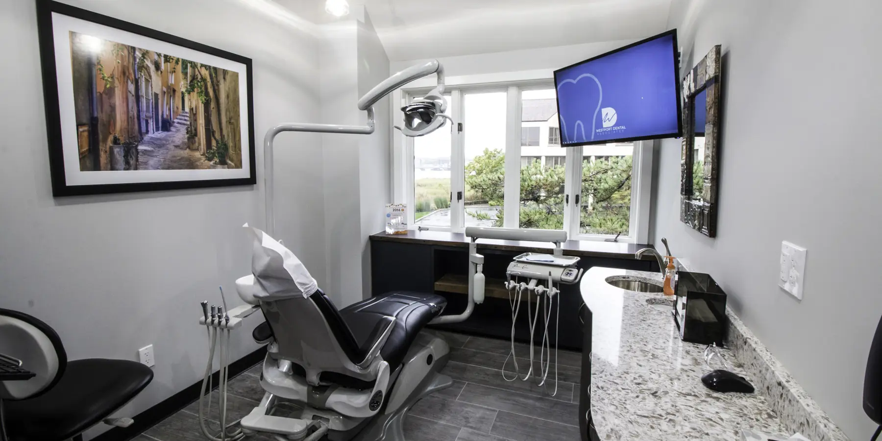 A treatment room at Westport Dental Associates, kept ready.