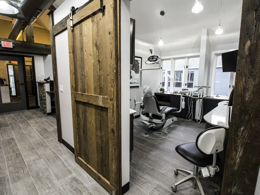 A sliding barn door onto the treatment bays.
